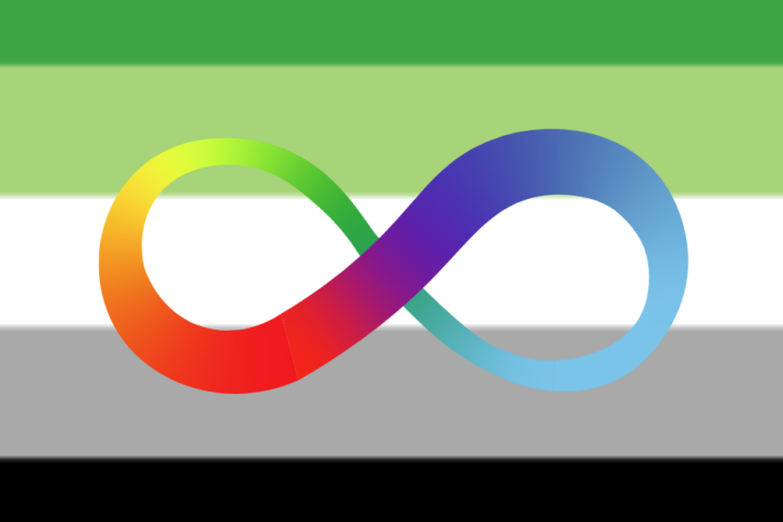 The aromantic flag with the rainbow infinity symbol superimposed on it
